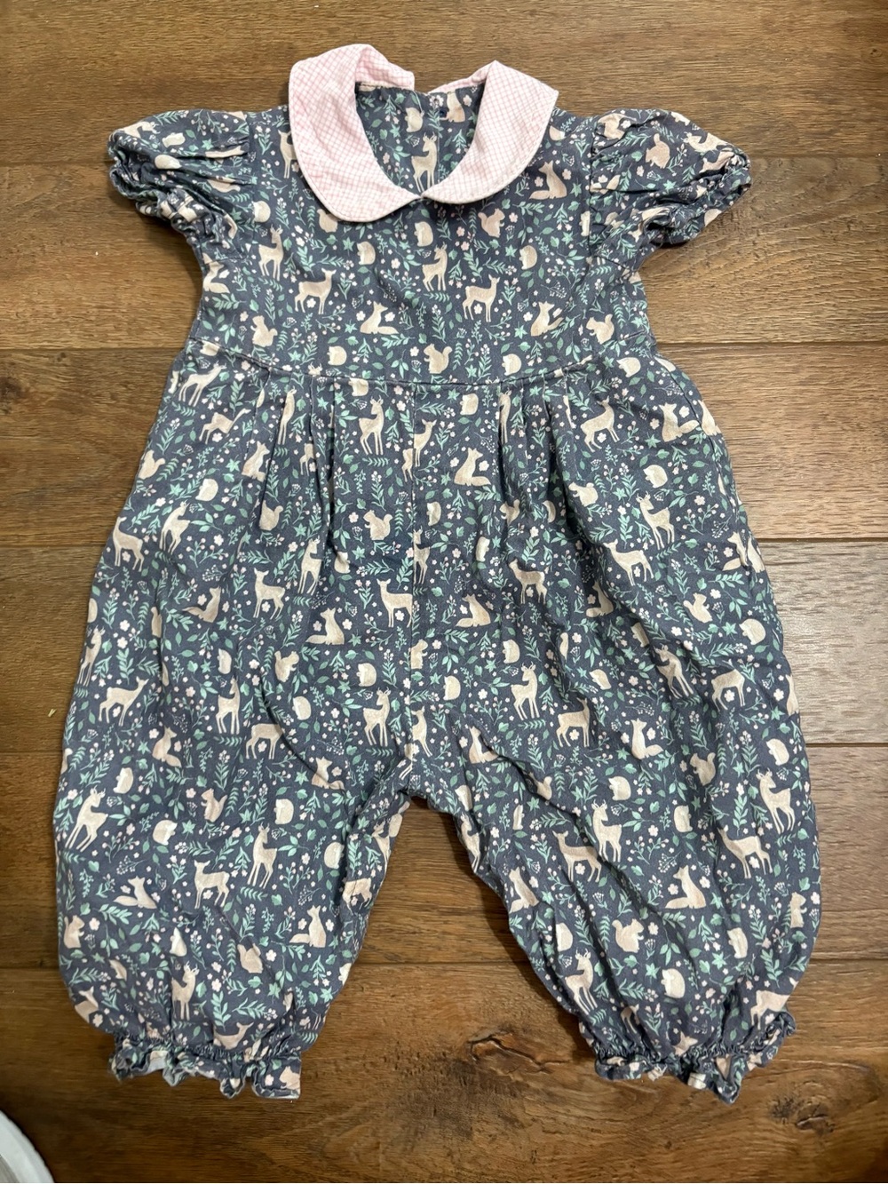 Hannah Kate Girls Deer Woodland Print Romper Pink Gingham Collar size 6M